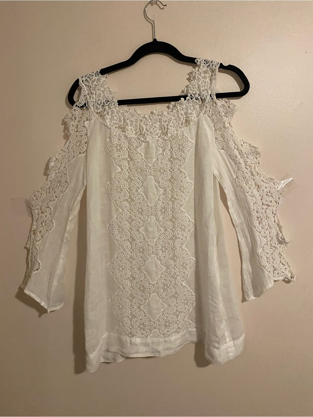 White Lace Cold-Shoulder Blouse with Crochet Detail